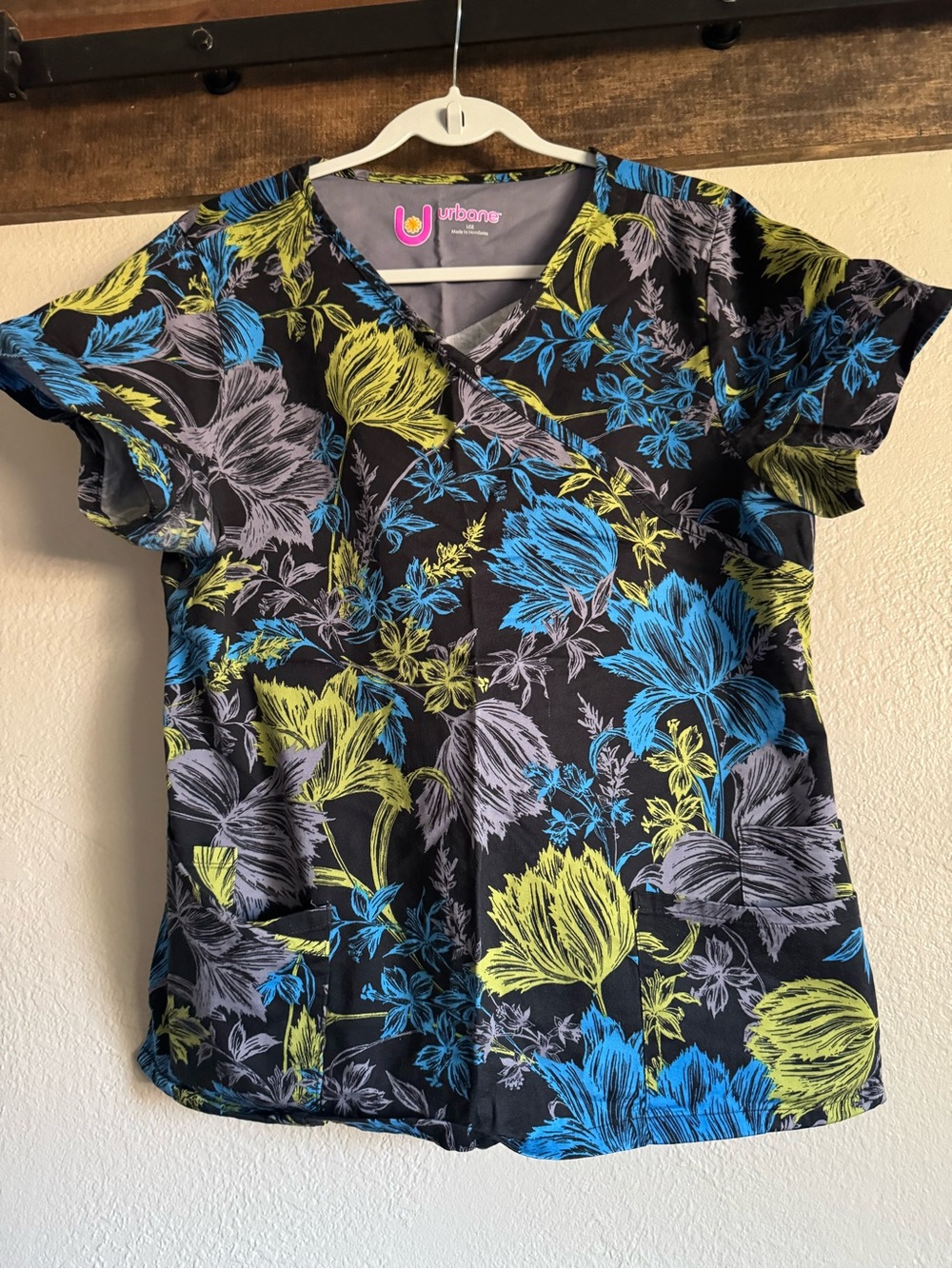 urbane Black Floral V-Neck Women's scrub Top in Blue, Lime, and Gray